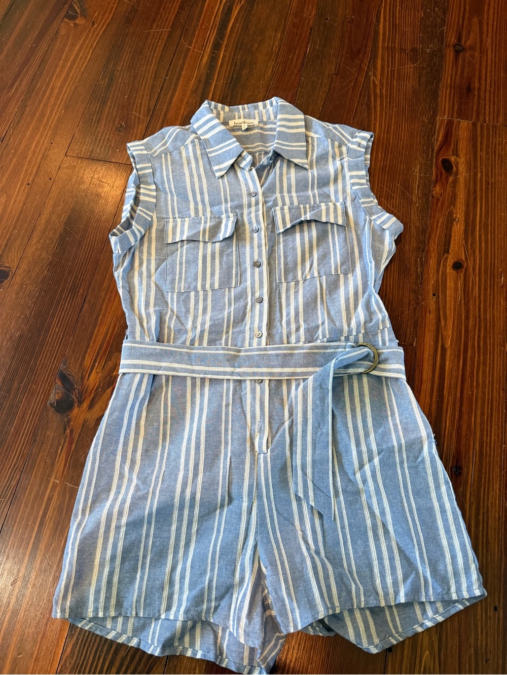 Heartloom Blue and White Striped Sleeveless Romper with Tie Belt
